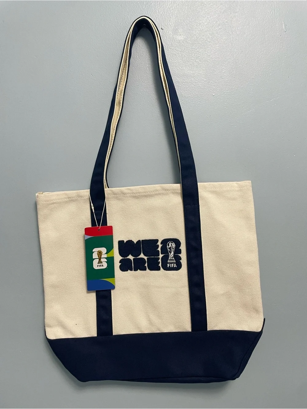 Cream and Navy Canvas Tote Bag with 'We Are' FIFA Graphic